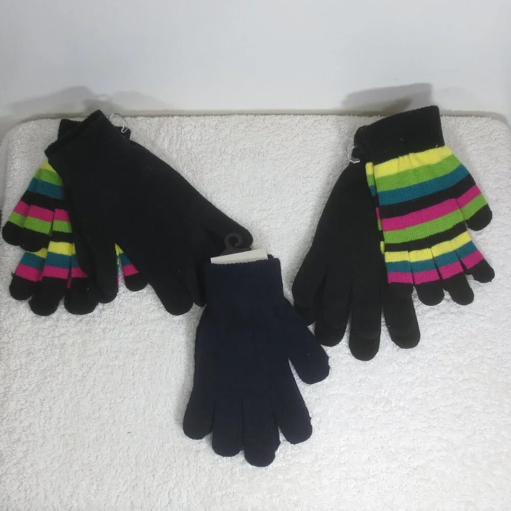 NEW 5 Pair Gloves Stretch Magic Solid Black Navy Multicolor Striped Warm Soft OS
